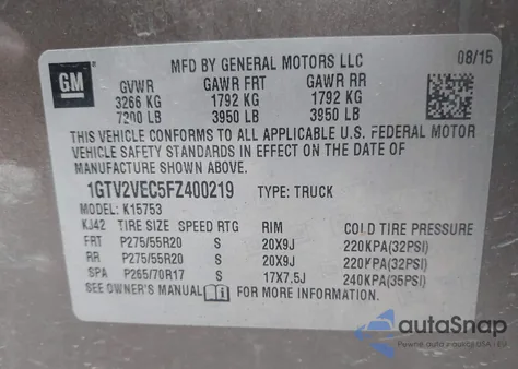 2015 GMC Sierra 1500 Slt z USA, uszkodzony, nr VIN 1GTV2VEC5FZ400219